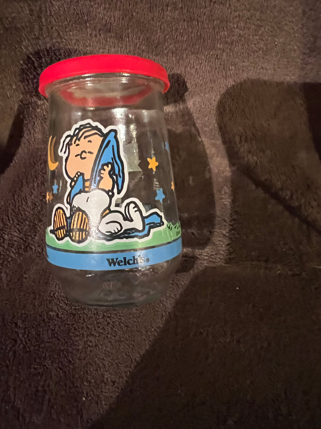 Peanuts Gang Rare Linus with Blanket Welch’s vintage Glass with lid rare